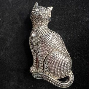 Source Unknown Silver Textured Cat Brooch